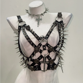 Rivet harness skull applique corset slit mini skirt set