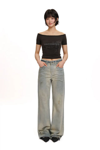 [Moromoro2] Washed Pleated Wide Leg Jeans