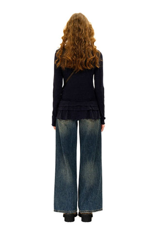 [Moromoro2] Soft Ribbed Lace Trim Long Sleeve  Top