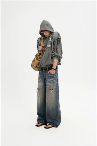 [MASONPRINCE] Distressed Boxy Hooded Knit Cardigan