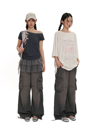 [Moromoro2] Gradient Washed Wide Leg Cargo  Pants