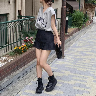 Pleated denim mini skirt