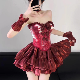 Ruffle bowknot ruched print tube mini skirt set