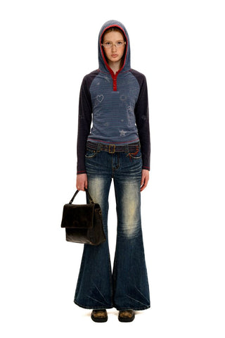 [Moromoro2] Contrast Stripe Rhinestone Long Sleeve  Tee