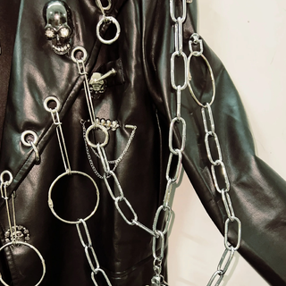 Long sleeve PU leather metal chain skull applique top