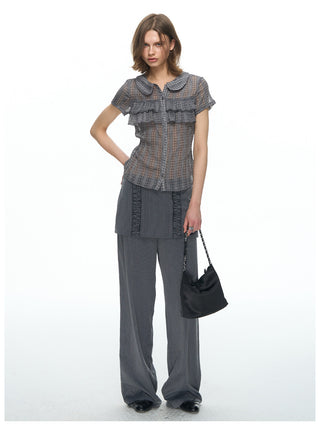 [NECY] Purple Grey Ruffle Plaid Shirt