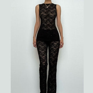 Crewneck lace sleeveless solid medium rise pant set