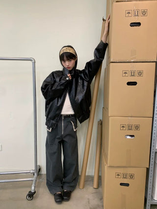 [NEVERSEEZ] Stand Collar Oversized PU Jacket