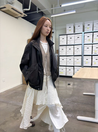 [NeverSeez] Stand Collar Asymmetrical PU Leather Jacket