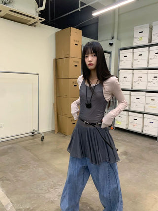 [NeverSeez] Mesh Layered Pleated Vest Dress