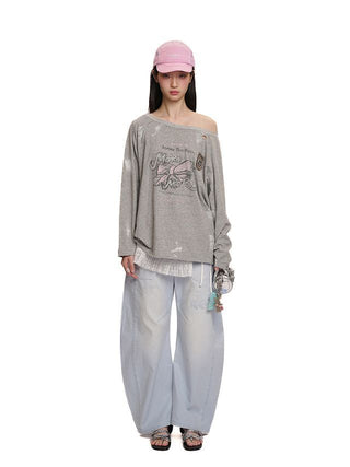 [moromoro2] Distressed Graffiti Off-Shoulder Long  Sleeve Tee