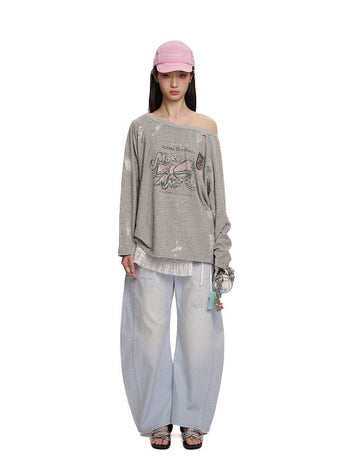 [moromoro2] Distressed Graffiti Off-Shoulder Long  Sleeve Tee