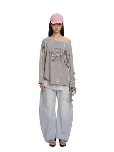 [moromoro2] Distressed Graffiti Off-Shoulder Long  Sleeve Tee