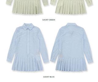[Moromoro2] Crinkle Tie-Neck Pleated Shirt  Dress