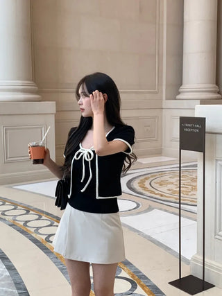 [2pcs] Tweed Ribbon Sleeveless Cardigan Set