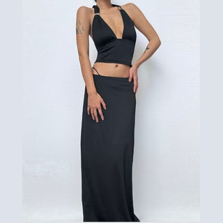 Ruched halter self tie v neck maxi skirt set