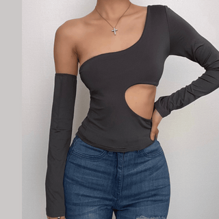 Hollow out solid one shoulder gloves irregular cut out top