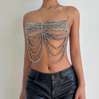 Beaded metal chain hollow out cami cut out top