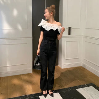 Chiffon frill off-shoulder T-shirt