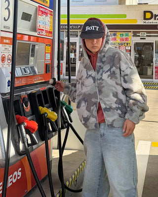 Shearling camouflage hooded zip-up
