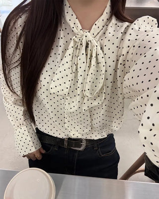 Polka Dot Ribbon Tie Blouse