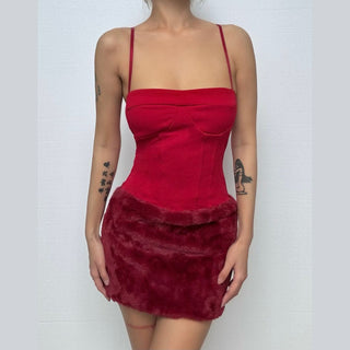 Square neck fluffy patchwork cami mini dress