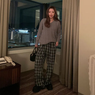 Checked wide banding pants