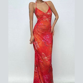 Halter v neck backless contrast maxi dress