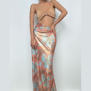 Halter hollow out contrast star applique cut out maxi dress