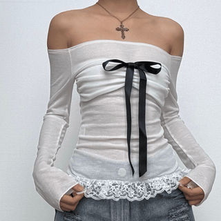 Long sleeve bowknot off shoulder lace hem ruched top