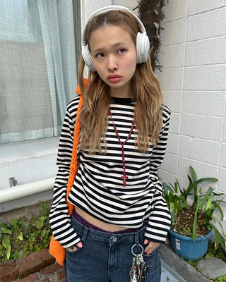 Striped semi-cropped long-sleeve T-shirt