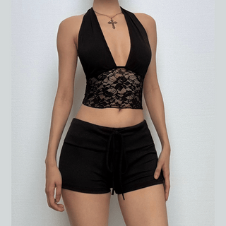 Halter lace hem drawstring ribbed crop pant set