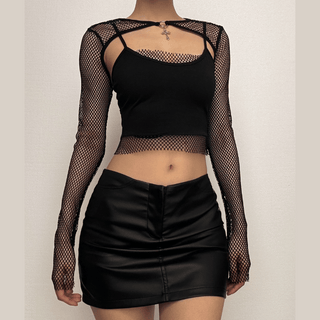 Long sleeve fishnet shrug cross applique 2 piece top
