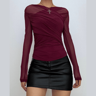 Ruched mesh long sleeve v neck solid top