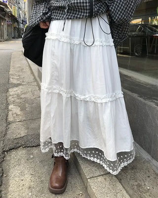 Lace hem frill line tiered maxi skirt