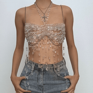 Halter metal chain beaded tassels cami top