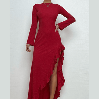 Long sleeve see through glitter irregular ruffle maxi dress