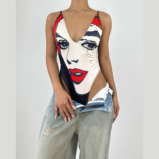 V neck portrait print button cami bodysuit