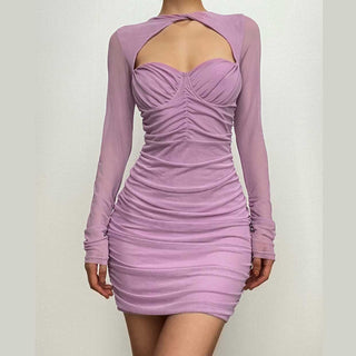 Hollow out ruched mesh long sleeve zip-up button cut out mini dress