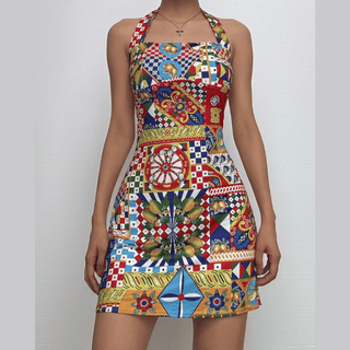 Halter print contrast knotted mini dress
