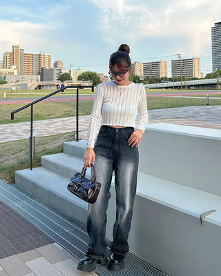 Ribbed Shirring See-Through T-Shirt