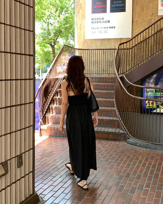 Side-tucked flared long dress