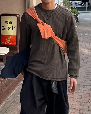 Waffle stitch design long-sleeved T-shirt