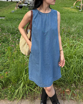 Round neck denim midi dress
