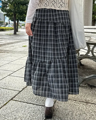 Checked Shirred Long Skirt