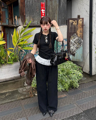 Lace Shirring Half-Sleeve T-Shirt