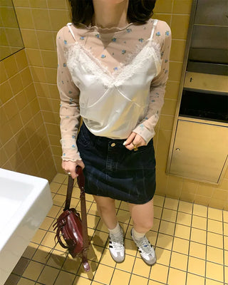 Sheer Flower Long T-Shirt