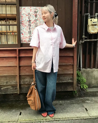 Oversized striped short-sleeved shirt