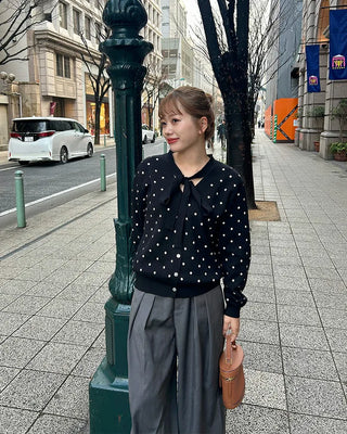 Polka Dot Ribbon Tie Knit Cardigan