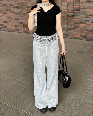 Checked frill shirred half-sleeve T-shirt